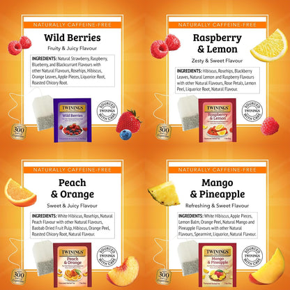 Twinings Herbal Variety Sampler Pack, 20 Count (Pack of 4). Includes Raspberry & Lemon, Mango & Pineapple, Wild Berries and Peach & Orange. Refreshing & Fruity, Naturally Caffeine- Free, 80 Individually Wrapped Tea Bags.