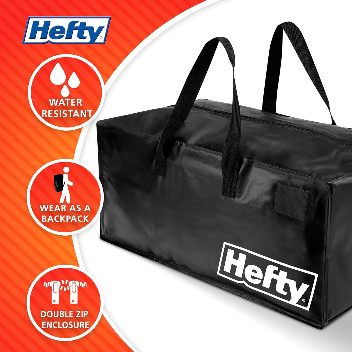 Hefty Storage Bags Extra Large Double Zipper Backpack, Heavy Duty Water Resistant Moving Totes with Shoulder Straps, Foldable Reusable Packing Organizers, (X-Large Black)