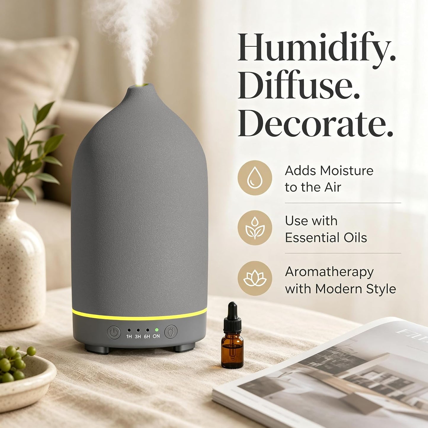 Gooamp 200ML Ceramic Essential Oil Diffuser for Home - Ultrasonic Aromatherapy Diffuser Humidifier with 7 Color LED Lights, Auto Shut-Off, 3 Timers for Bedroom, Office, Yoga, Black