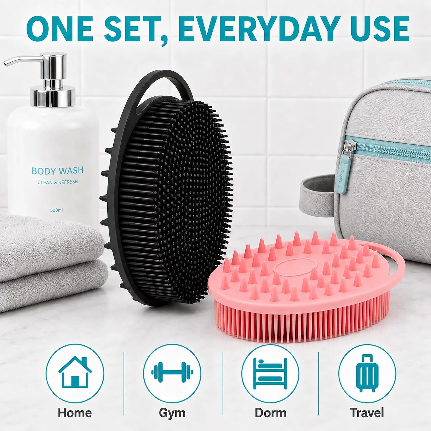 2 Pack Silicone Body Scrubber, Loofah Double-Sided Body Brush,Shower Scrubber and Scalp Massager Shampoo Brush for Sensitive Kids Women Men All Kinds of Skin (Black & Pink)