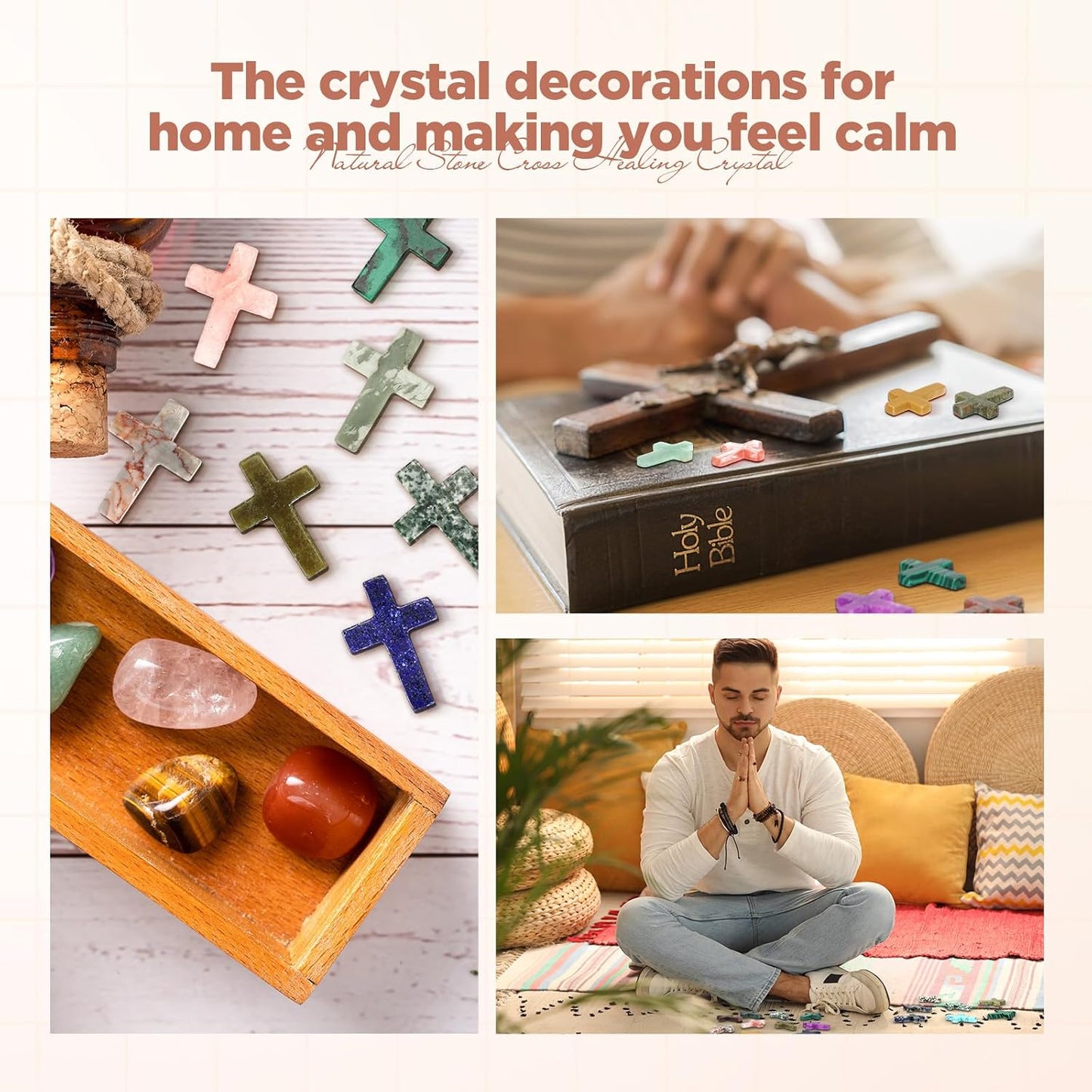 Nuenen 50 Pcs Cross Charm for Women Man Celebration Grad Decor Crystal Pocket Cross Necklace Natural Worry Stone Gift for Jewelry Making Craft Festival Decor(0.71 x 0.98 x 0.24 Inch,Fresh)