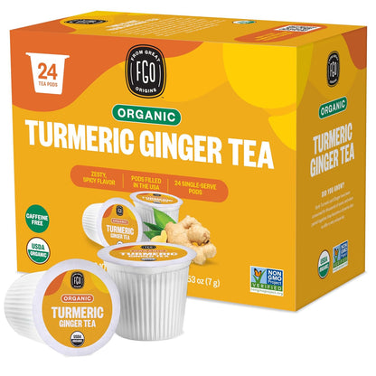 Organic Turmeric Ginger Tea K-Cup Pods, 24 Pods by FGO - Compatible with Keurig - Naturally Caffeine-Free Herbal Tea, Premium Green Tea is USDA Organic, Non-GMO, & Recyclable