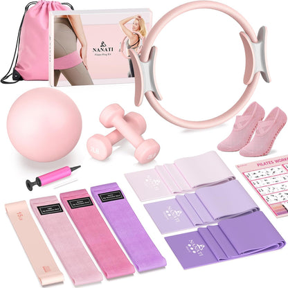 NANATI Pilates Kit, Home Pilates Workout Kit for Women, Pilates Equipment with 14.5" Pilates Ring and Ball, Resistance Bands, Dumbbells & Grip Socks for Home Workouts
