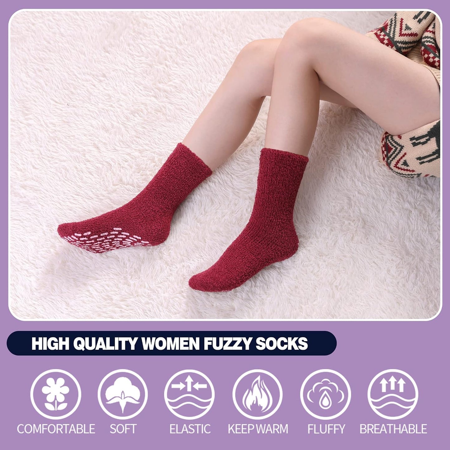 MQELONG Non Slip Hospital Socks with Grips for Women Winter Warm Cozy Fuzzy Slipper Soft Fluffy Sleep Socks