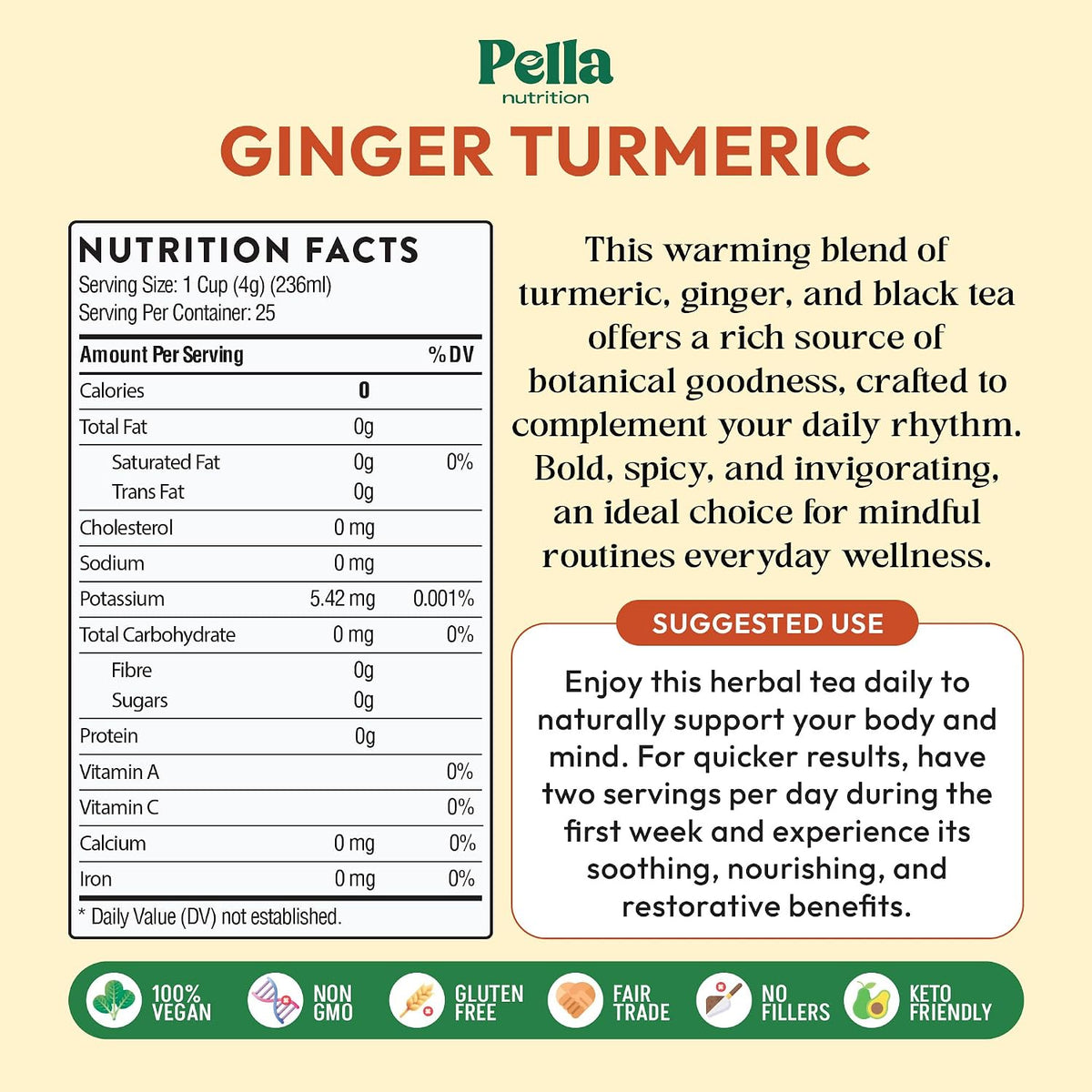 Pella Nutrition Ginger Turmeric Herbal Functional Tea - 25 Teabags