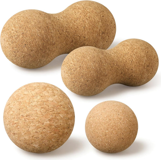 4 Pcs Cork Massage Ball Set Peanut Double Lacrosse and Spherical Massage Balls for Muscle Pain Relief Stress Travel Yoga Therapy
