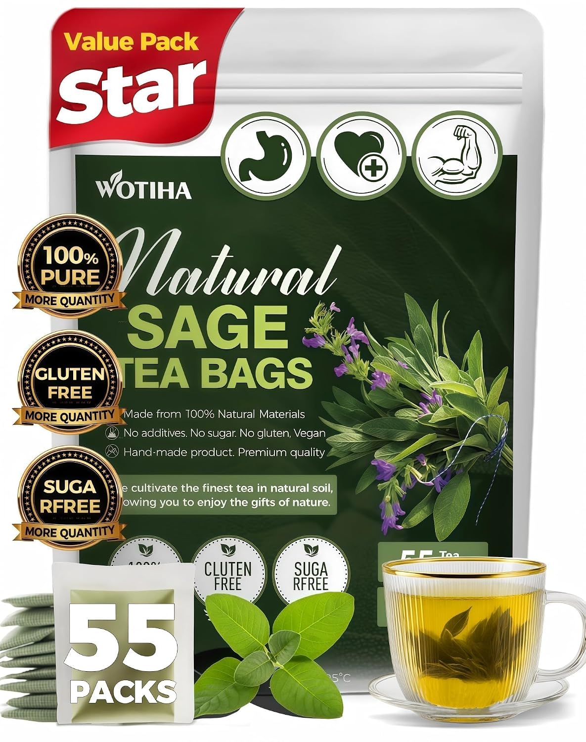 WOTIHA 60 Count Premium Lemon Balm Tea Bags - 100% Pure Natural Leaves, Lemony Citrusy Flavor, Supports Calming & Digestion, Caffeine-Free, Additive-Free, Sugar-Free, Vegan Non-GMO
