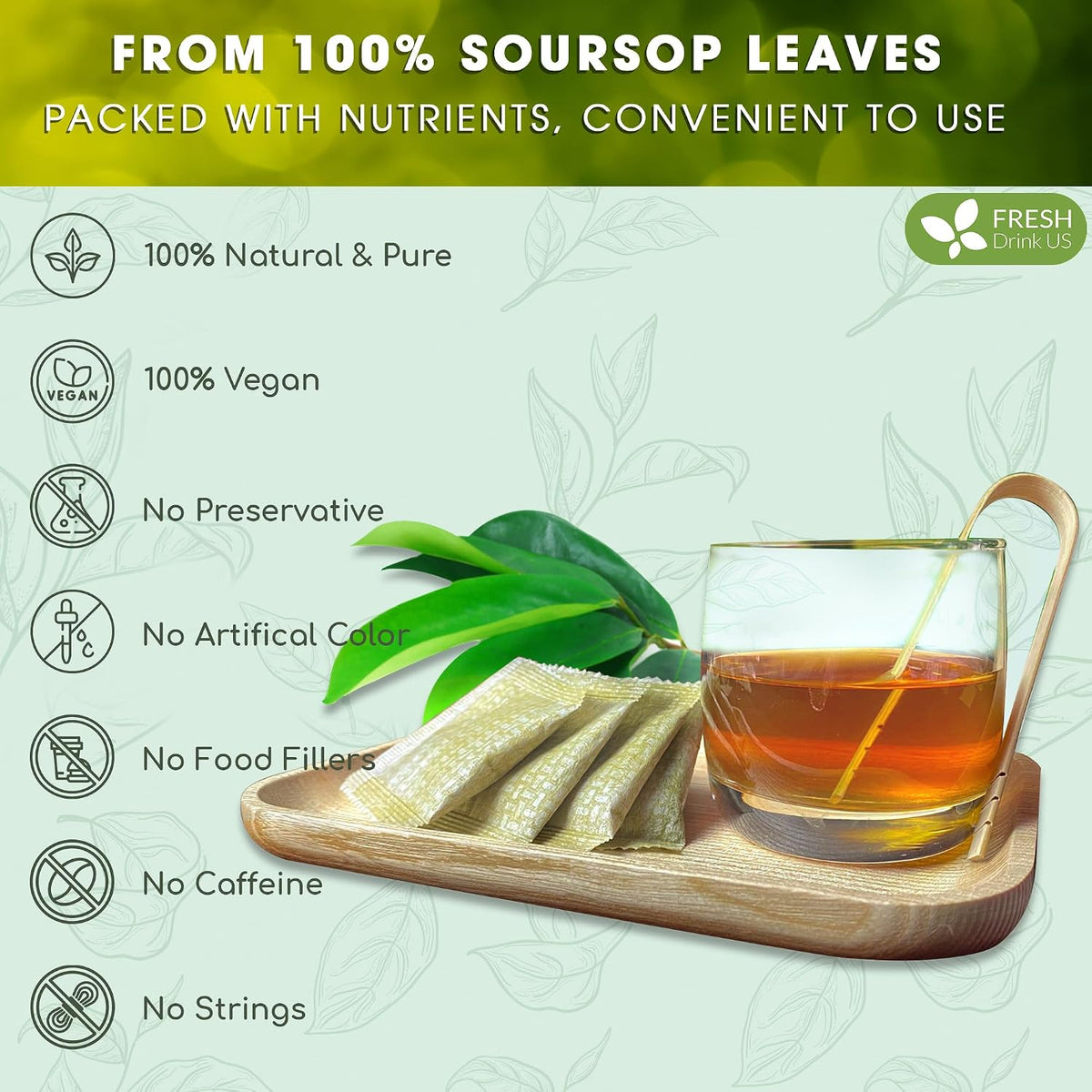FreshDrinkUS, Premium Soursop Leaf Tea, 15 Count, Pure, Caffeine Free