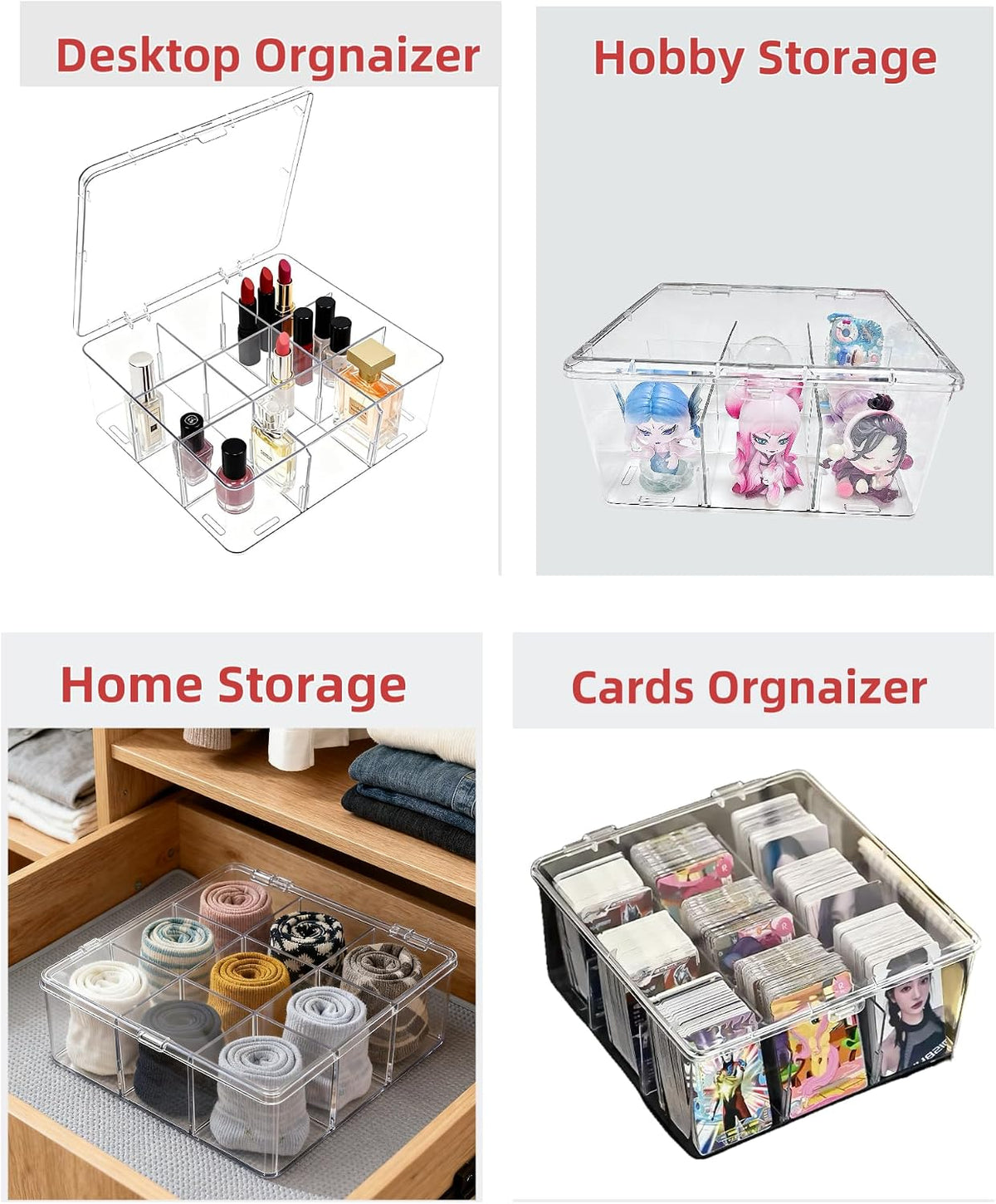 Acrylic Tea Bag Organizer with Lid, 9-Grid Clear Storage Box with Removable Dividers, Plastic Drawer Organizer for Tea Bags, Office Supplies, Closet, Socks, Dresser Drawers