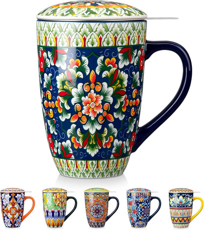 vancasso Ceramic Tea Mug with Infuser and Lid, 18 Ounce Bohemian Loose Leaf Cup, Microwave & Dishwasher Safe, Perfect for Tea, Coffee, Burnt-Cobalt Mandala