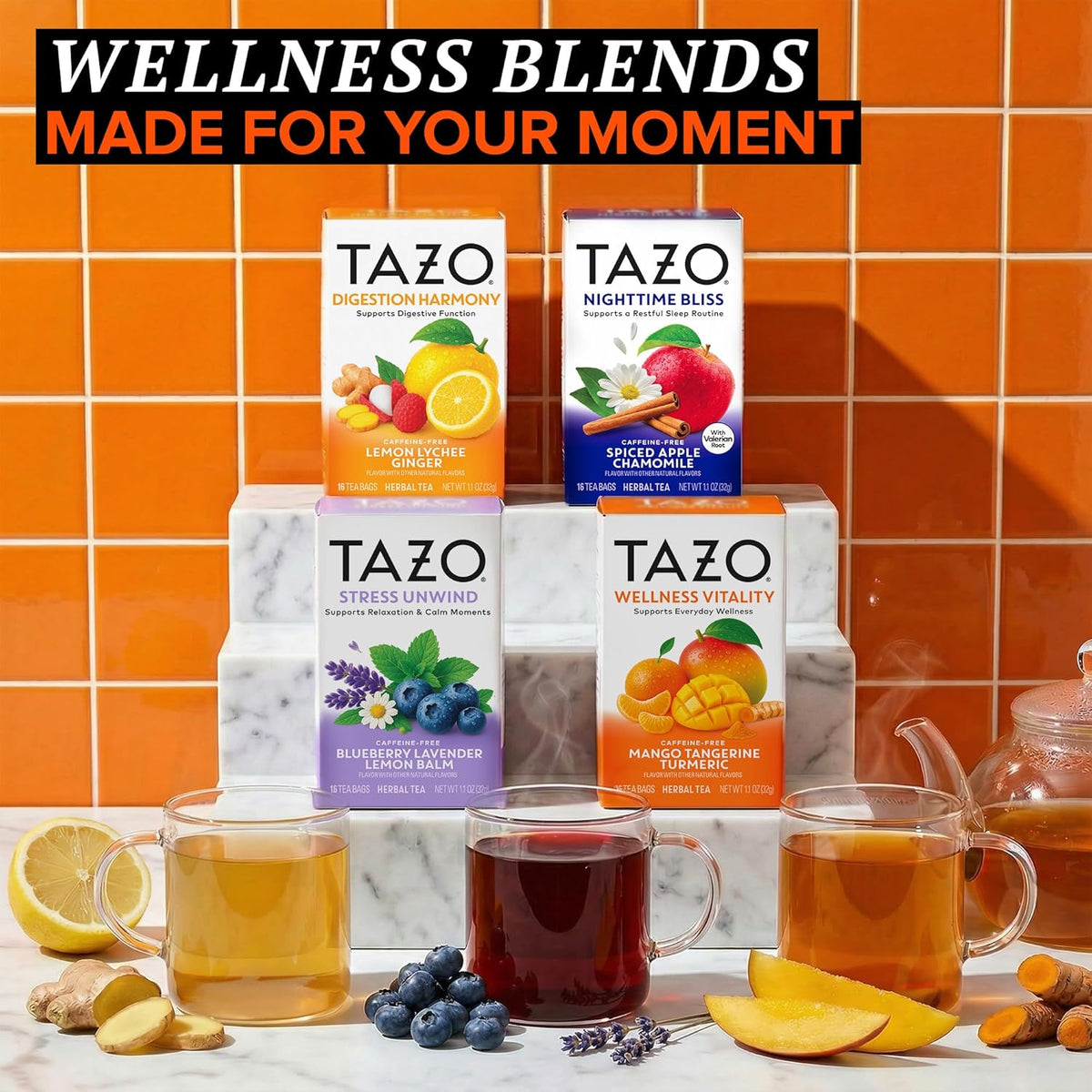 Tazo Digestion Harmony Herbal Tea Bags, Lemon Ginger Lychee, 16ct, 6-Pack