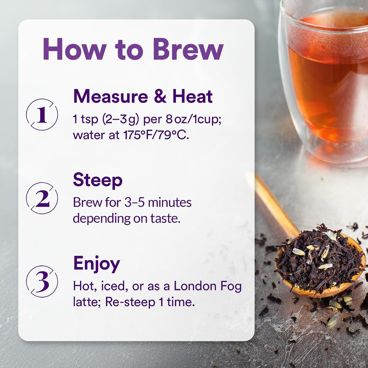 JusTea LAVENDER EARL GREY Loose Leaf Black Tea, 40+ Cup Pouch, 4/5 Caffeine