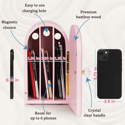 Phone Box for Family Time, Bamboo Cell Phone Jail, 3 Sections Hold 6 Phones, with Charging Holes, Phone Holder Self-Discipline Box, Help Kids Adults Focus Back, Mobile Phone Addiction (White)