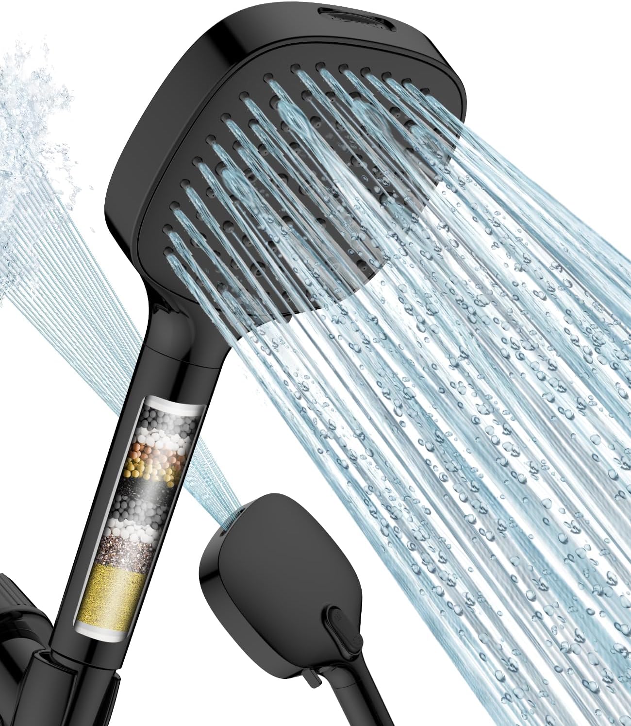 MakeFit Filtered Shower Head Black - 6 Modes High Pressure Handheld Shower Head with Filter Mineral Beads, Detachable Handheld Showerhead Set with Stainless Steel Hose and Shower Arm Bracket