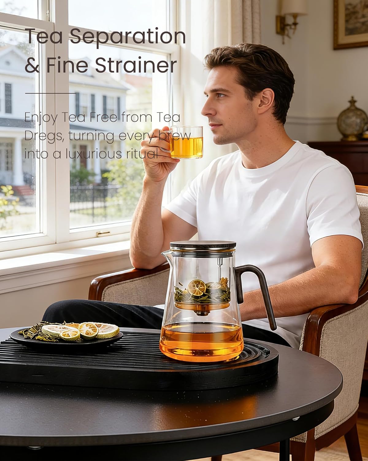 ZENS Magnetic Tea Pot, Enchanted Glass Teapot with Infuser and Magnetic Suction Lid for Mess-Free Loose Tea Diffusers, Walnut Wood Handle, Tea Lovers Gifts