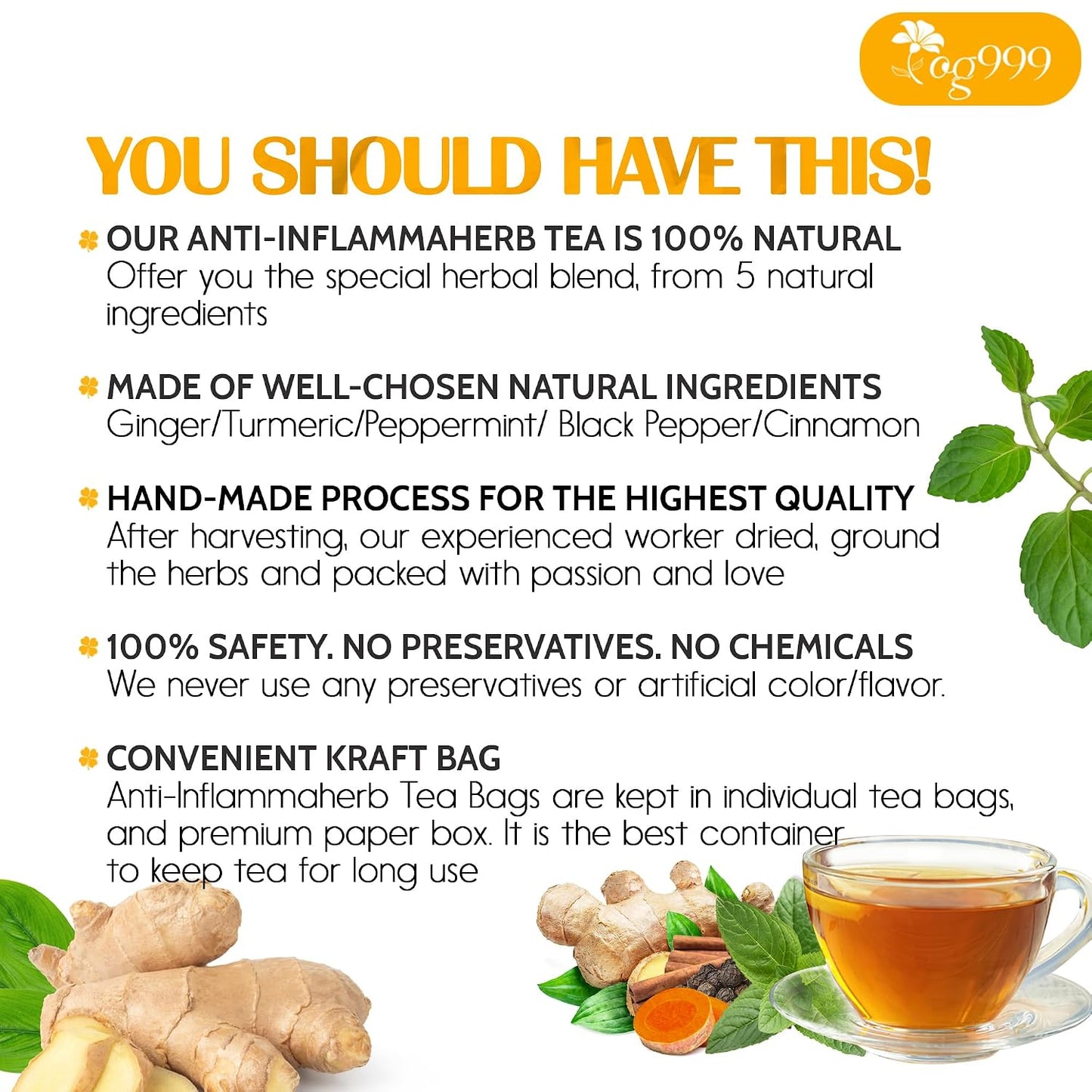 120 Bags Premium Turmeric Ginger Cinnamon Tea, Improve Digestion, Support Brain, Weight, Skin and Sleep, Eco-Conscious Tea Bags and Premium Natural Ingredients. Turmeric Ginger Herbal Tea. No Sugar, No Caffeine, No Gluten, Vegan.