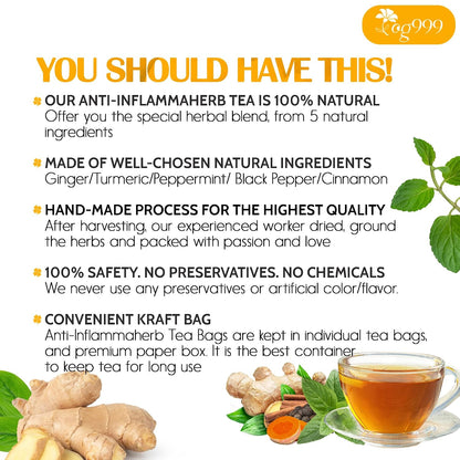 120 Bags Premium Turmeric Ginger Cinnamon Tea, Improve Digestion, Support Brain, Weight, Skin and Sleep, Eco-Conscious Tea Bags and Premium Natural Ingredients. Turmeric Ginger Herbal Tea. No Sugar, No Caffeine, No Gluten, Vegan.