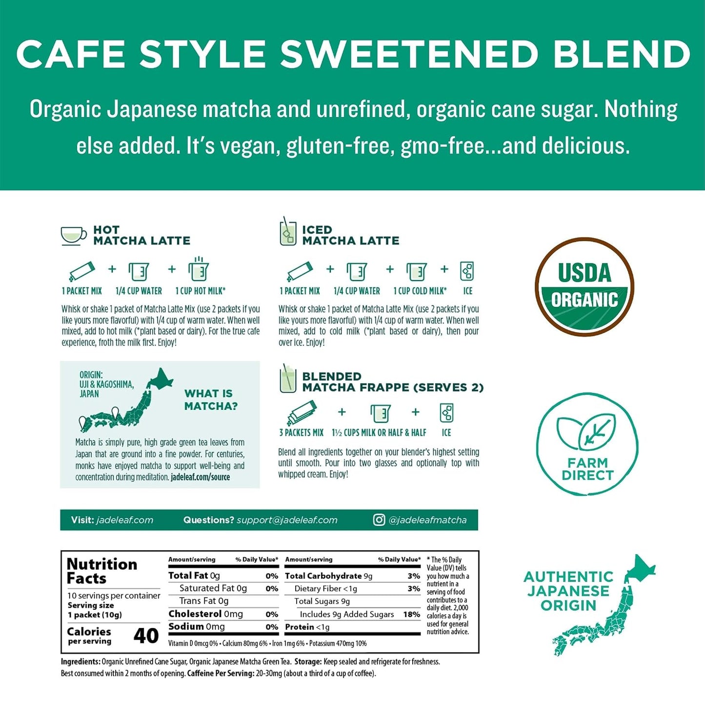 Jade Leaf Matcha Latte Mix Bundle - 1kg Canister + 10ct Stick Packs - Cafe Style Sweetened Blend - Sweet Matcha Green Tea Powder