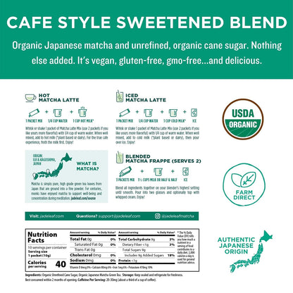 Jade Leaf Matcha Latte Mix Bundle - 1kg Canister + 10ct Stick Packs - Cafe Style Sweetened Blend - Sweet Matcha Green Tea Powder