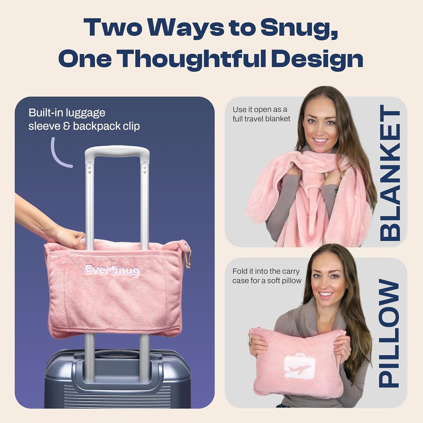 EverSnug Travel Blanket and Pillow - Premium Soft 2 in 1 Airplane Blanket with Soft Bag Pillowcase, Hand Luggage Sleeve and Backpack Clip (Grey)