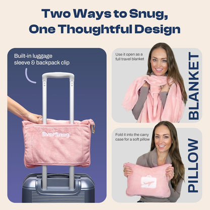 EverSnug Travel Blanket and Pillow - Premium Soft 2 in 1 Airplane Blanket with Soft Bag Pillowcase, Hand Luggage Sleeve and Backpack Clip (Grey)