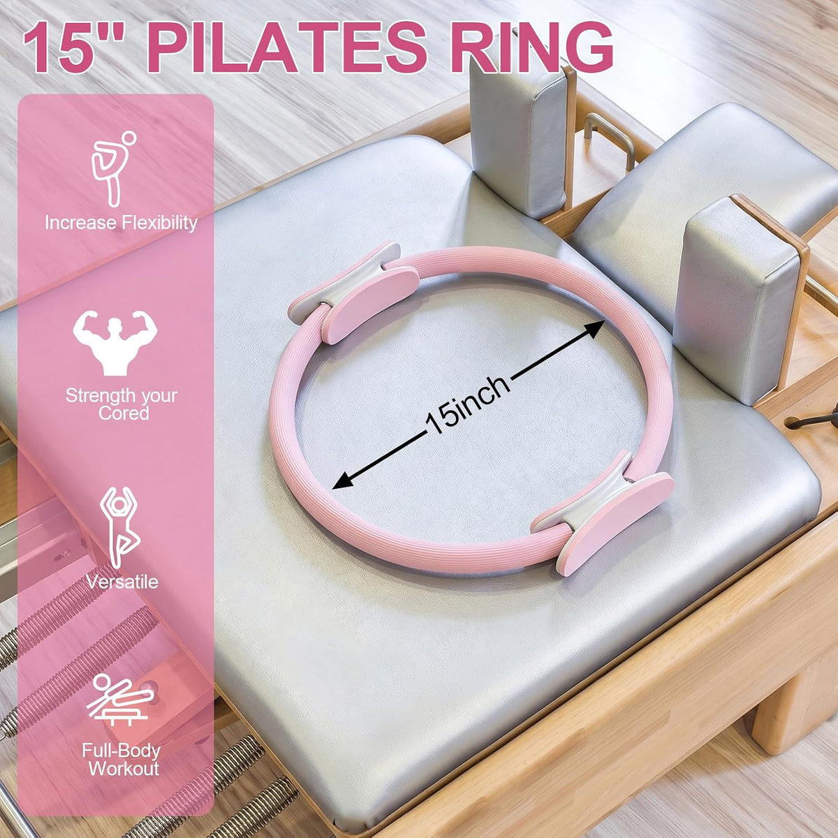Pilates Ring 15 Inch Magic Circle Ring, Dual Padded Handles Pilates Exercise Circle, Adjustable Yoga Ring
