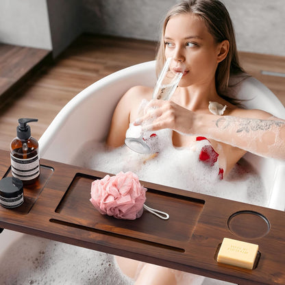 Teak Bathtub Tray for Freestanding Tubs - 35" Heavy-Duty Luxury Bath Caddy, Non-Slip Zero-Wobble Design, Water-Resistant Spa Organizer with Wine Glass & Phone Holder