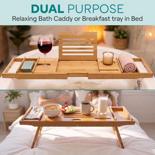 SereneLife Bath Caddy Breakfast Tray Combo - Natural Bamboo Wood Waterproof Tub and Bed with Folding Slide-Out Arms, Device Grooves, Wine Glass Soap Holder