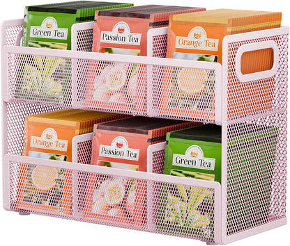 2 Tier Tea Bag Organizer, Mesh Tea Bag Holder with Handle, Teabag Holder, Tea Station Organizer for Countertop, Pantry, Kitchen, Cabinet -Black