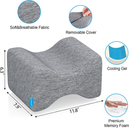 Knee Pillow for Side Sleepers with Cooling Gel, Memory Foam Elevation Pillow for Spine Aligning, Sciatica, Back, Hip, Knee, Ankle Pain, Grey/Large