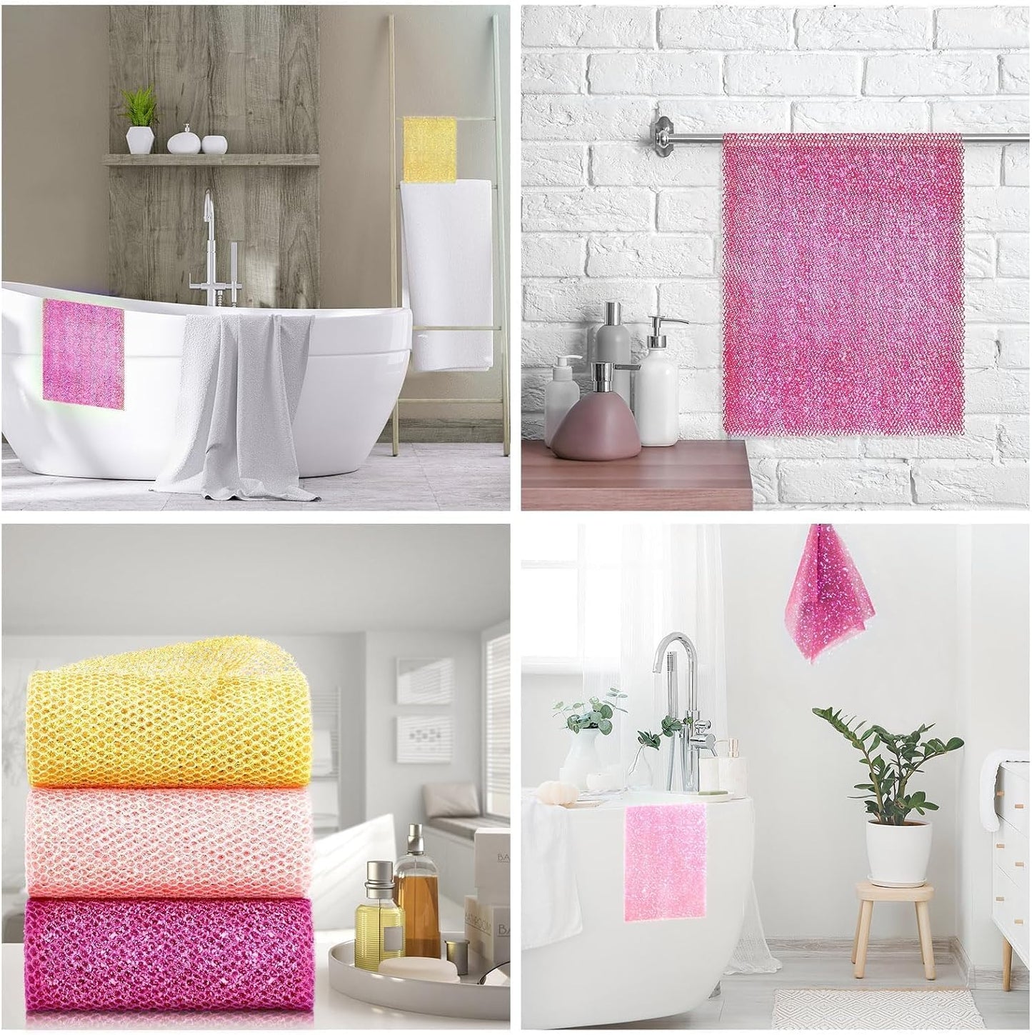 UJFQBH 3 Pieces African Bath Sponge African Net Long Net Bath Sponge Exfoliating Shower Body Scrubber Back Scrubber Skin Smoother,Great for Daily Use (Pink,Yellow,Purple)