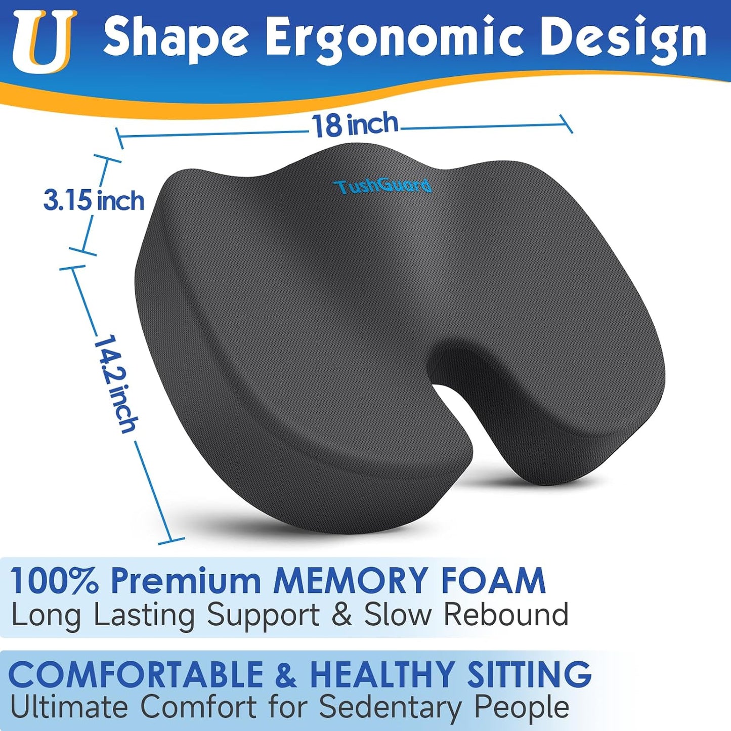 TushGuard Seat Cushion for Office Chair Memory Foam Non-Slip Desk Seat Cushion Back, Coccyx, Sciatica, Tailbone Pain Relief Butt Pillow for Office Chair, Car, Wheelchair, Black