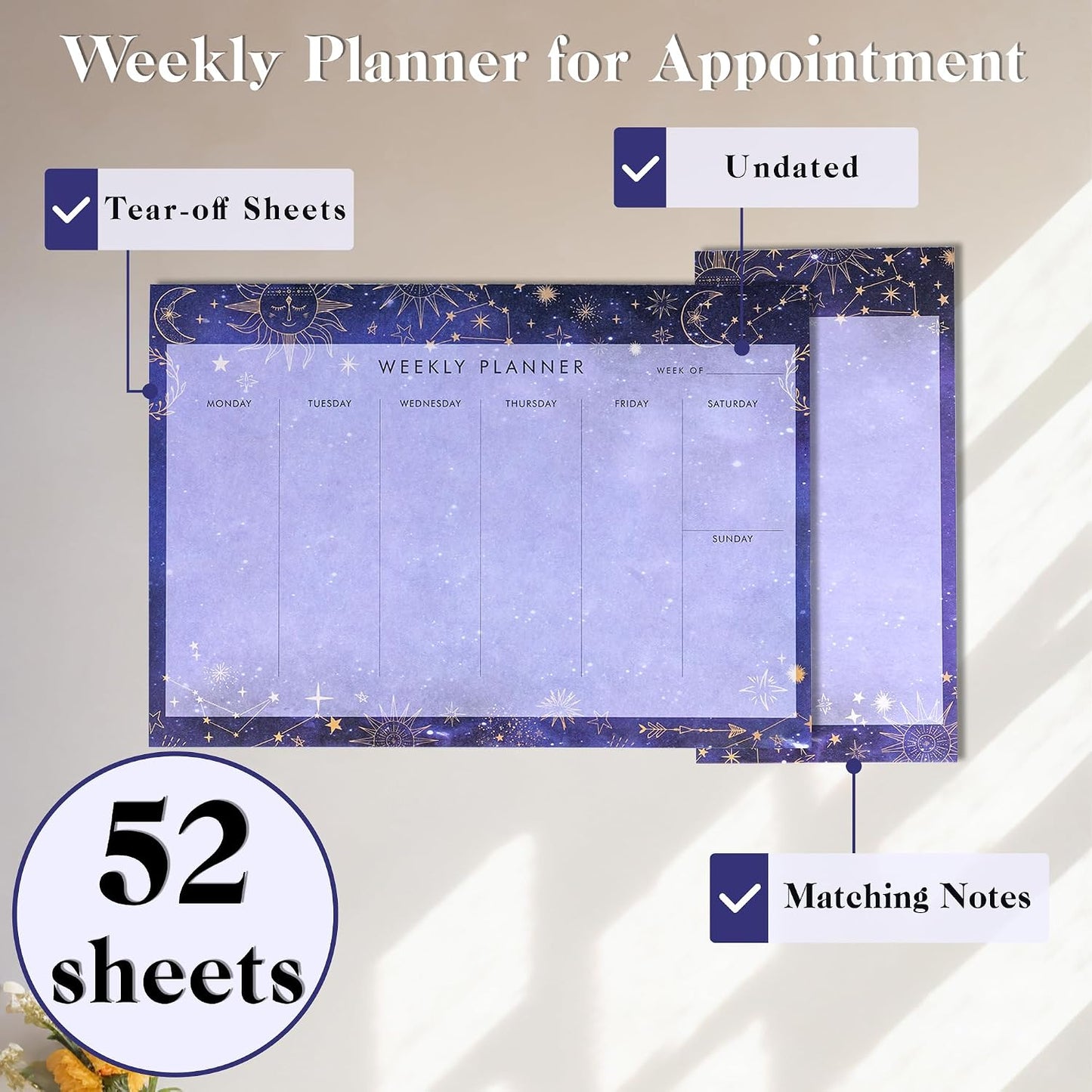 Weekly Planner Notepad Tear Off Set of 2 Weekly Calendar Pad 52 Undated To Do List Notepad Sheets Desk Planner Planning Pads Productivity Tracker for Work Goals Notes Schedule Ideas, Floral Blue