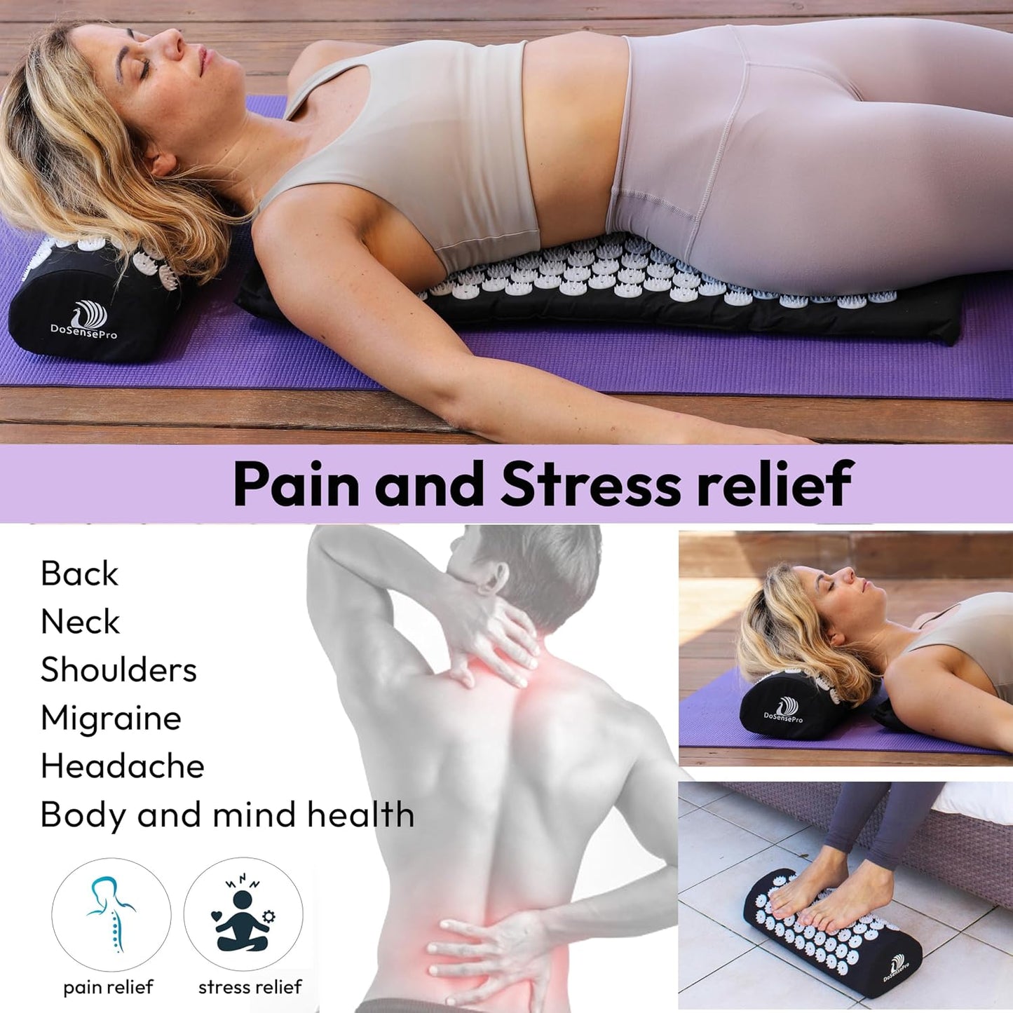 Acupressure Mat & Pillow Set – Extra-Long 29” Acupressure Therapy for Back & Neck Pain Relief, Sciatica, Stress Relief & Sleep Support Includes Carry Bag & Hot/Cold Pack (Purple)