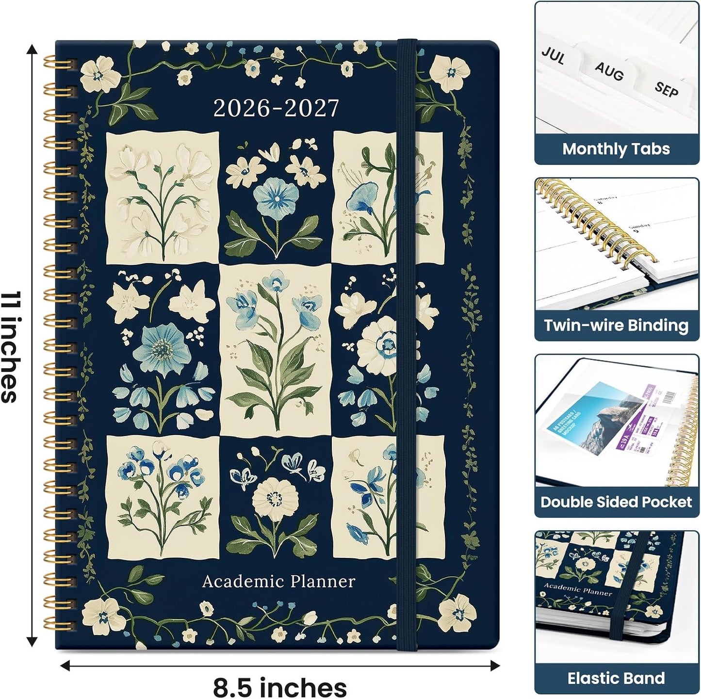 Planner 2026-2027, Academic Monthly and Weekly Calendar Planner for Women, July 2026 - June 2027, Hardcover Pretty Agenda Planner Book with Tabs, Spiral Daily Organizer for School Office Home Supplies, 6.3" x 8.5" - Blue Floral