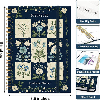 Planner 2026-2027, Academic Monthly and Weekly Calendar Planner for Women, July 2026 - June 2027, Hardcover Pretty Agenda Planner Book with Tabs, Spiral Daily Organizer for School Office Home Supplies, 6.3" x 8.5" - Blue Floral