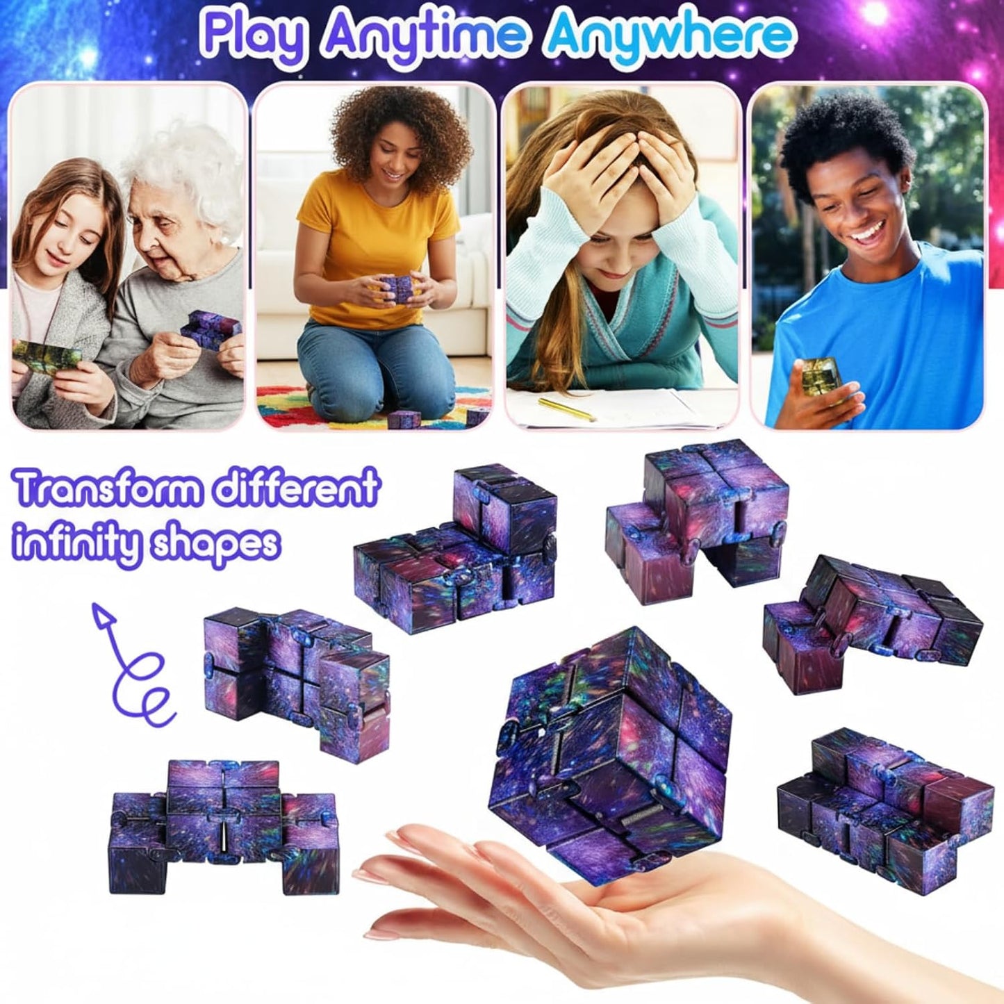 Skylety Cube Anxiety Relief Toy Hand Held Magic Sensory Stress Cube Toy for Adults Relieve Stress Christmas Party Favors(4 Pcs,Starry)