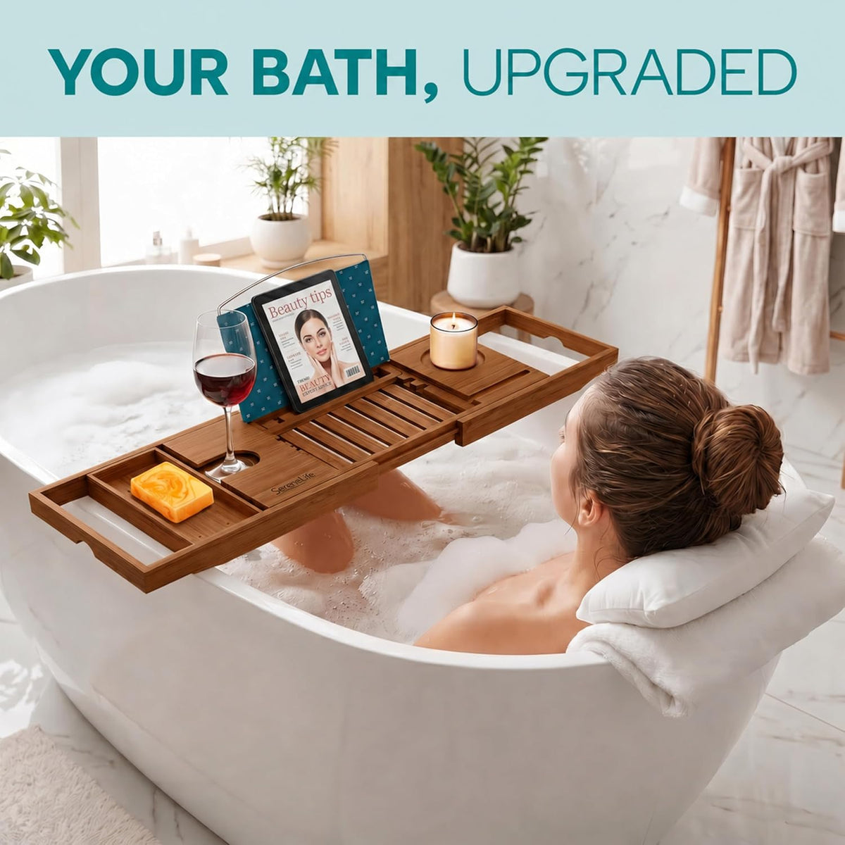 SereneLife 2 in 1 Bed and Bath Tray - Foldable Bamboo Bathtub Caddy with Adjustable Length, Non-Slip, Device Holder, Wine Glass Slot, Expandable for Comfortable Bathing, Natural, Folding Set
