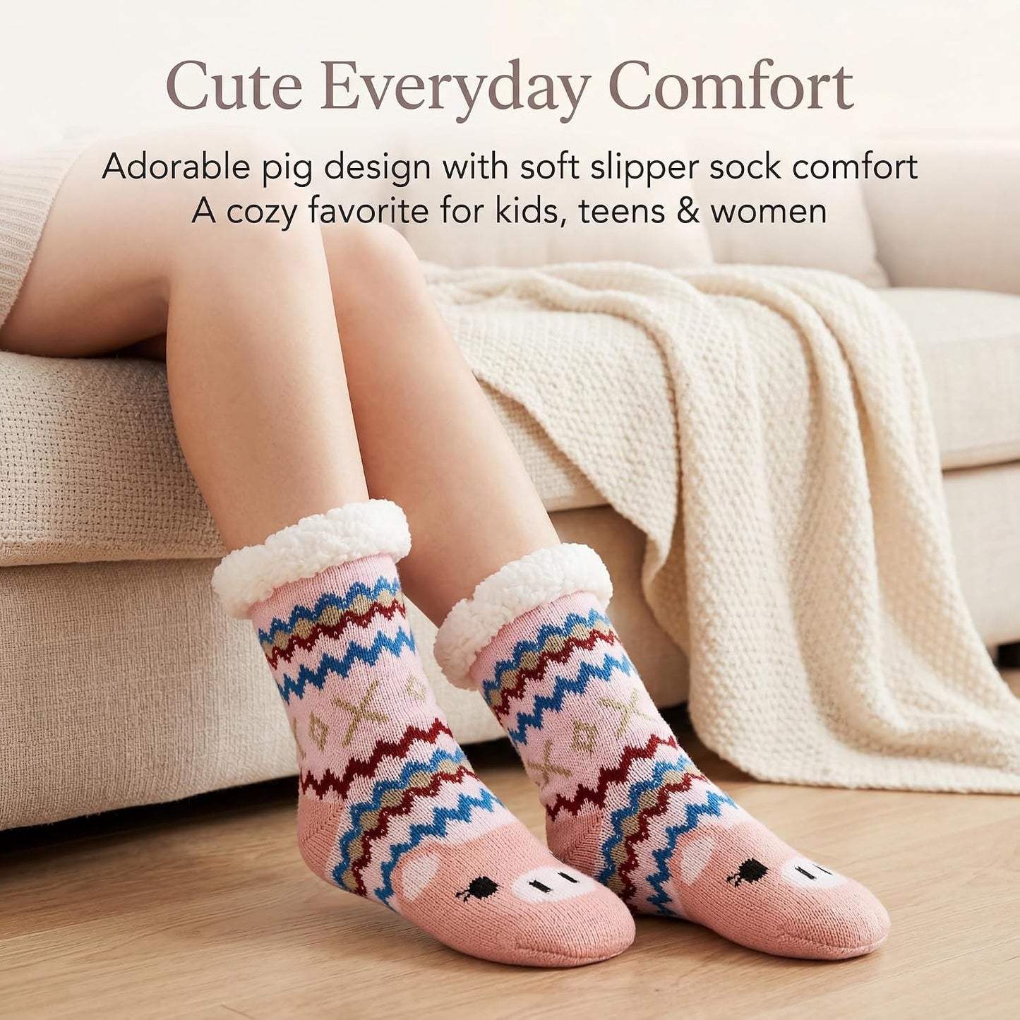 cosyone1997 Fuzzy Slipper Socks for Women Kids with Grips, Cute Animal Sherpa Lined Non-Slip Cozy Winter Socks Gifts