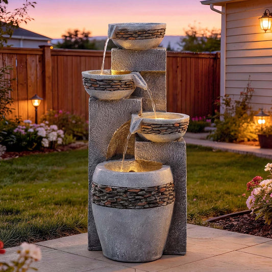 4-Tier Outdoor Water Fountain with Pebble Texture and LED Lights