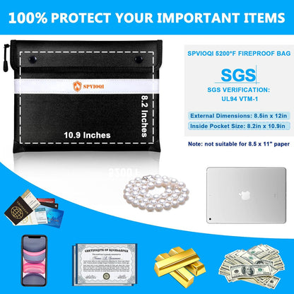 Upgraded 5200°F Fireproof Document Bag with Heat Insulated, Water Fire Proof Bags with Zipper,8 Layers of Functional Materials and Reflective Strip, Fireproof Money Bag for Cash/Documents/Valuables