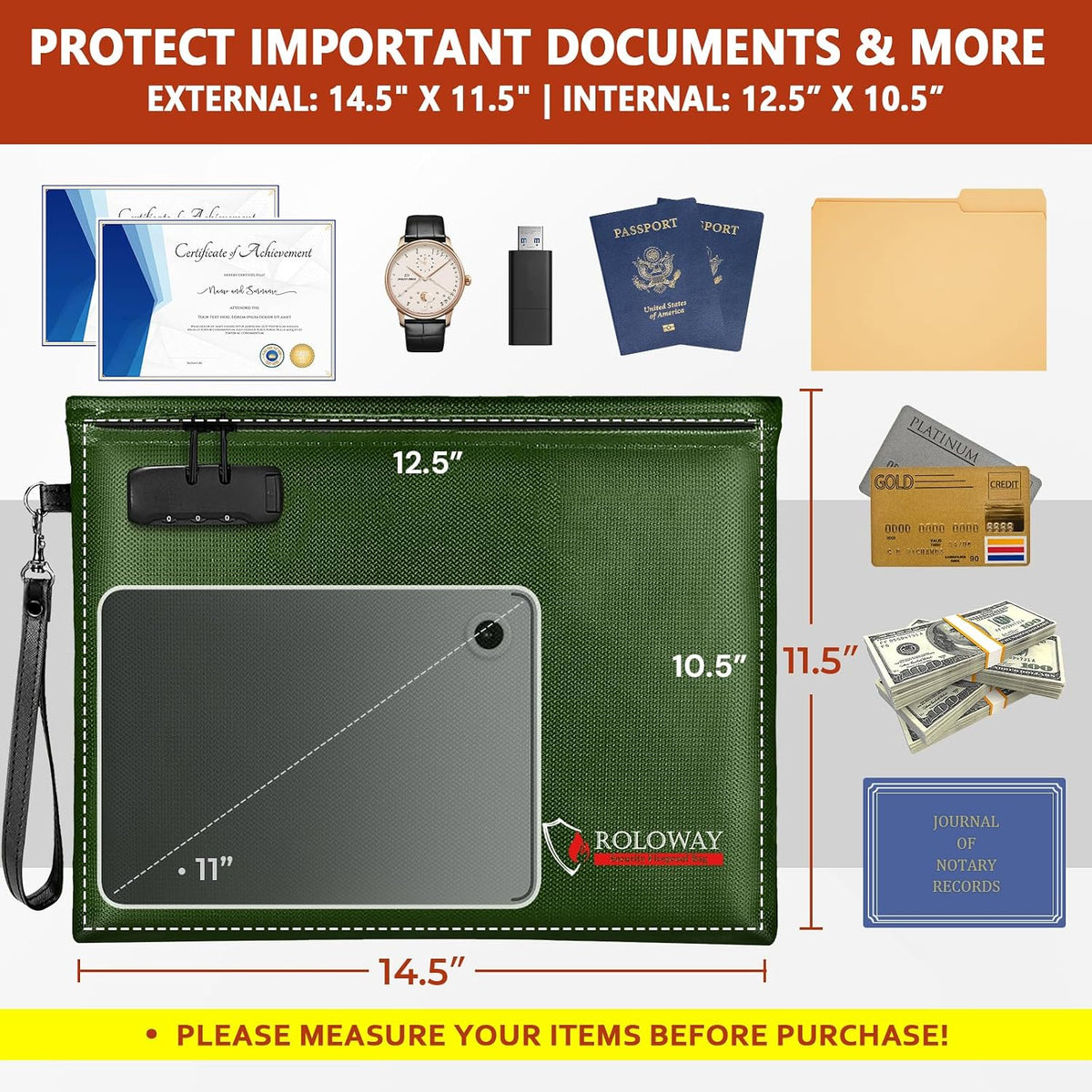 ROLOWAY Fireproof Document Bag (14.5 x 11.5 inch), 6400℉ Fireproof Money Bag with Zipper for Cash, Fire Safe Money Pouch with Lock (Black)