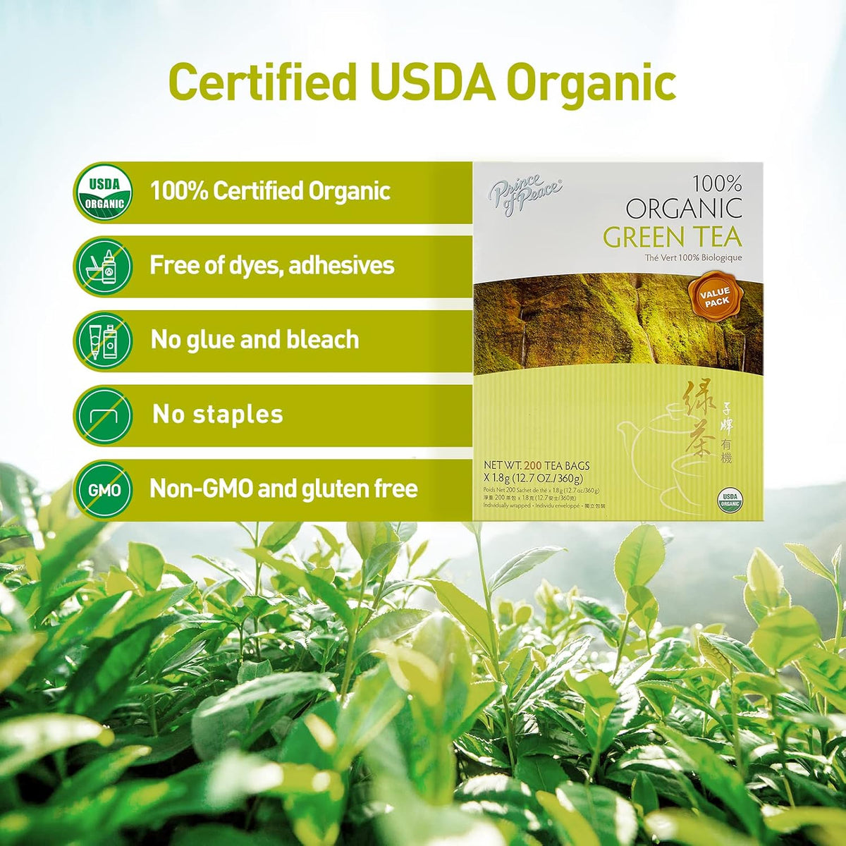 Prince of Peace 100% Organic Tea, BEST VALUE Family Size, 200 Tea Bags (Organic Green Tea)