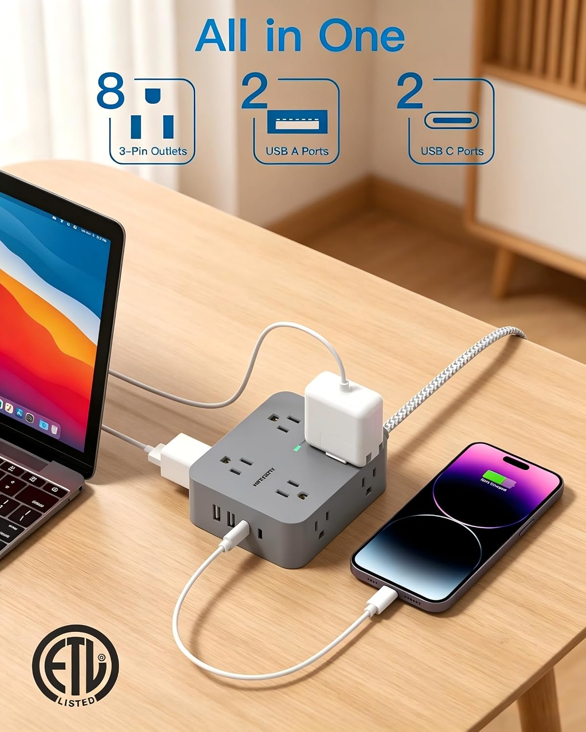 HANYCONY Surge Protector Power Strip, 1080J, 5 Ft Braided Extension Cord