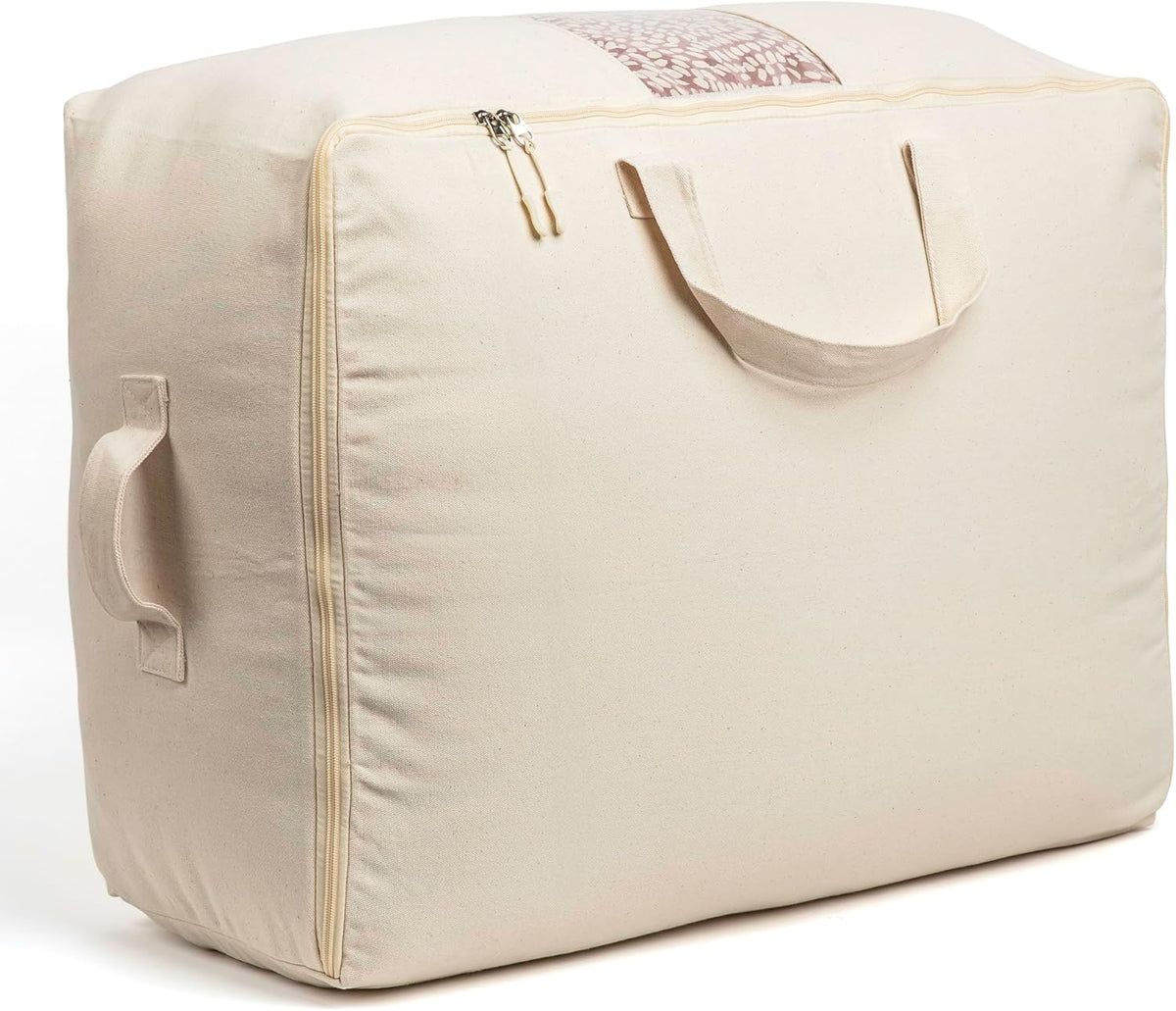 Soft Canvas Storage Bags with Zipper. Thick Breathable, 2pc King/Queen Comforter Organizer. Four Carrying Handles and Window. Large 25x19x9in Bag for Sheets Blankets Bedding Pillows, Clothes