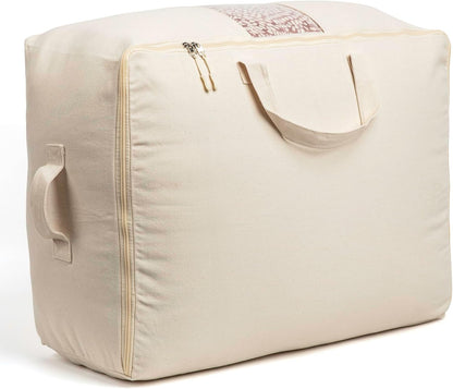 Soft Canvas Storage Bags with Zipper. Thick Breathable, 2pc King/Queen Comforter Organizer. Four Carrying Handles and Window. Large 25x19x9in Bag for Sheets Blankets Bedding Pillows, Clothes