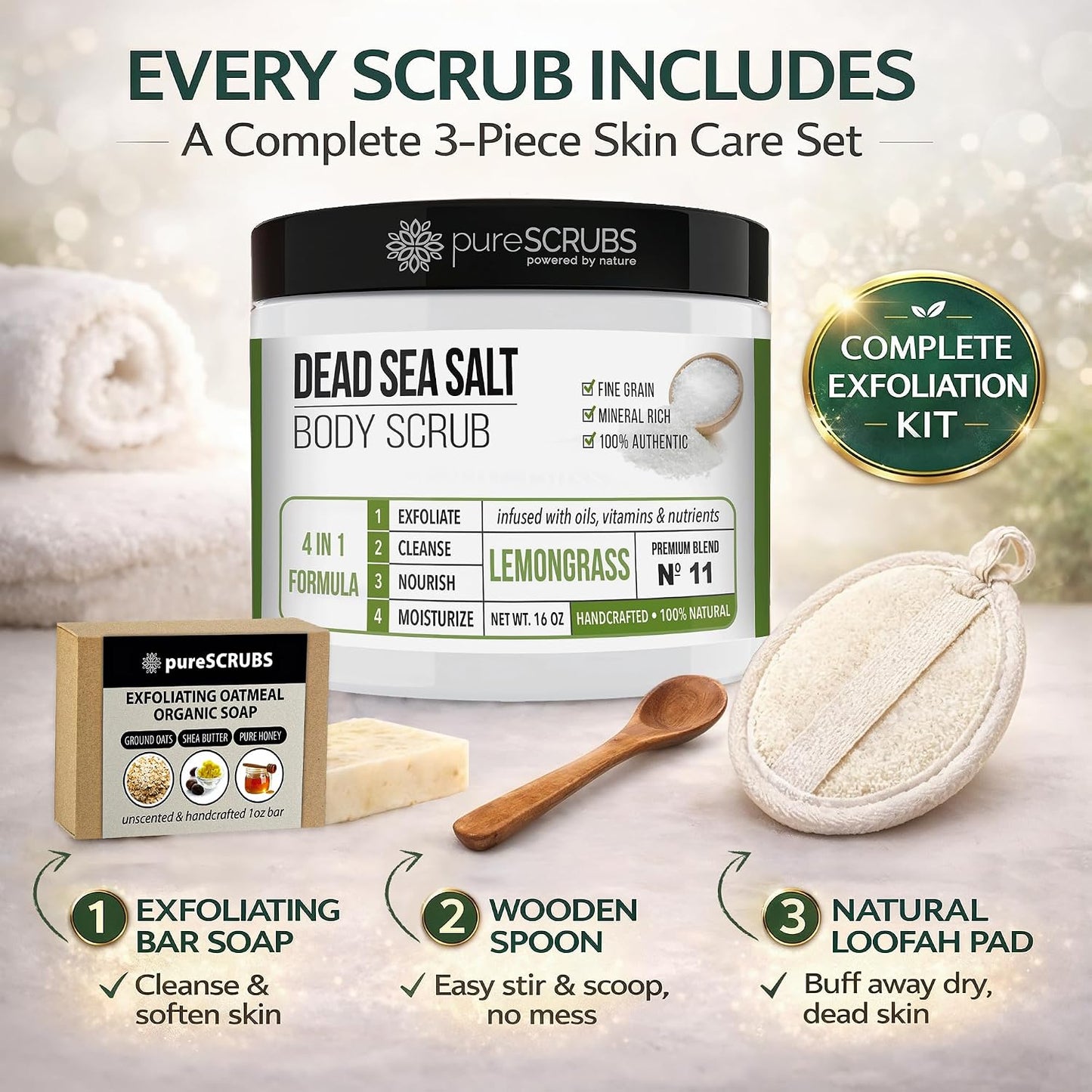 pureSCRUBS Premium Cucumber Body Scrub Set, Exfoliating Dead Sea Salt Scrub | Ultra Skin Smoothing, Deeply Moisturizing, Shower Scrub for Women, Softens Rough, Dry Skin, Includes Loofah, Spoon & Soap
