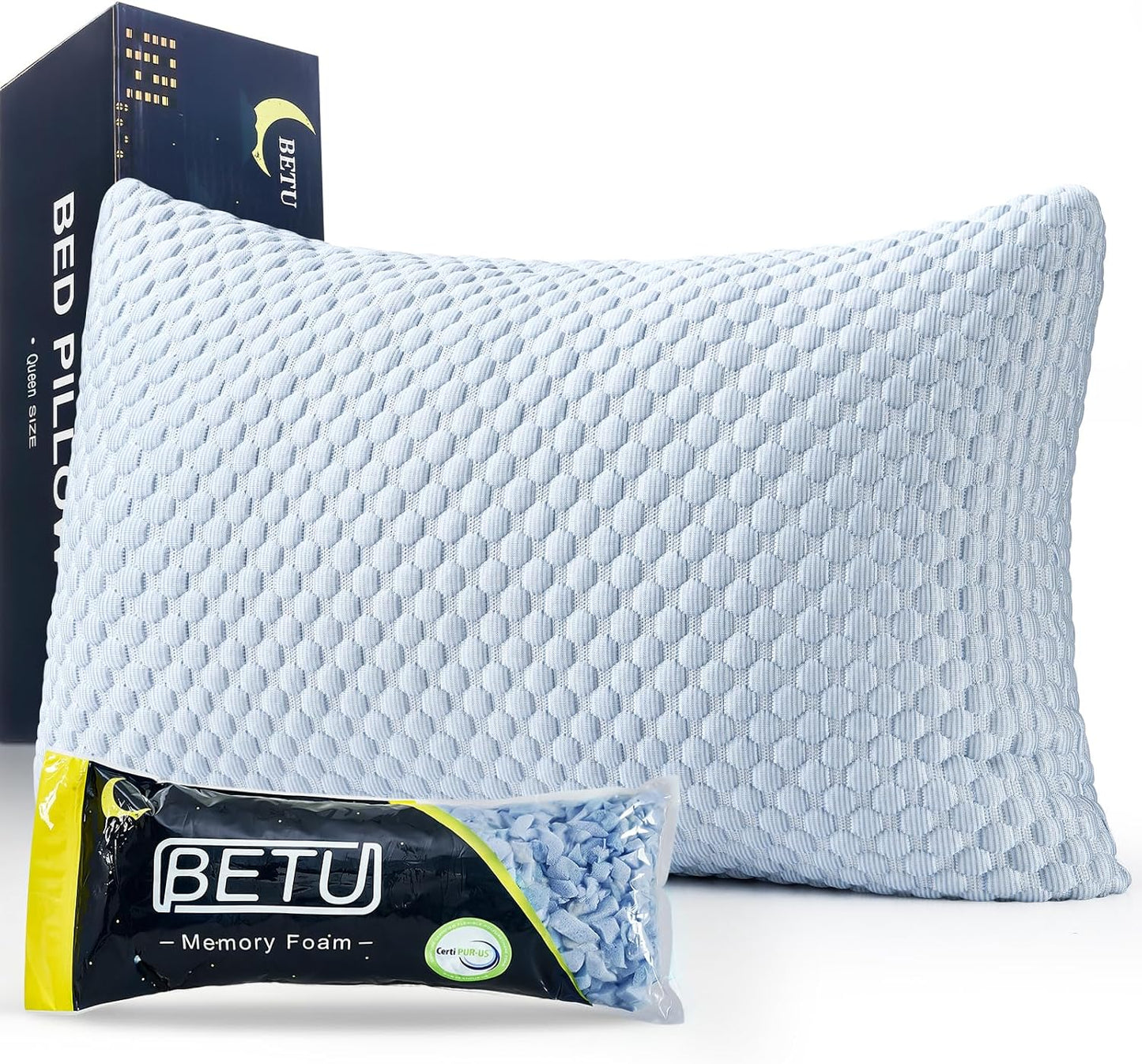 BETU Cooling Pillow Queen Size, Shredded Memory Foam Pillow for Hot Sleepers, Adjustable Firm Soft Support Pillows, Cool Bed Pillows for Side Back Stomach Sleeping Sleepers, gifts for boyfriend, White
