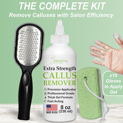 Dr. Entre's Callus Remover Gel Kit for Feet: Foot File, Pumice Stone, 5 Glove Pairs for Gel Application, Spa Kit, Foot Care, Pedicure Tools, Scrubber, 8oz