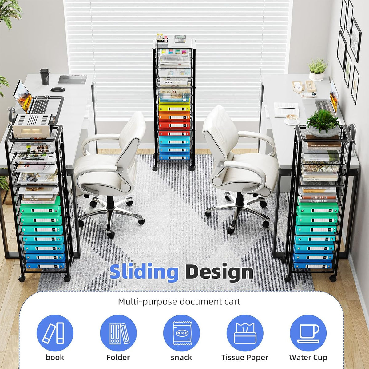 Simple Trending 12-Tier Rolling File Cart, Desk File Organizer with 11 Mesh Sliding Trays, Letter & Legal Paper Storage Rolling Utility Cart for Office Home School, Black